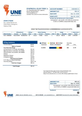 Cuba Empresa Electrica utility bill template in Word and PDF format
