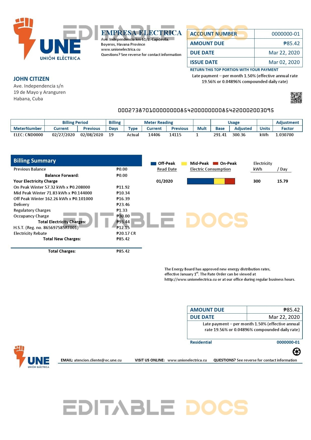 Cuba Empresa Electrica utility bill template in Word and PDF format