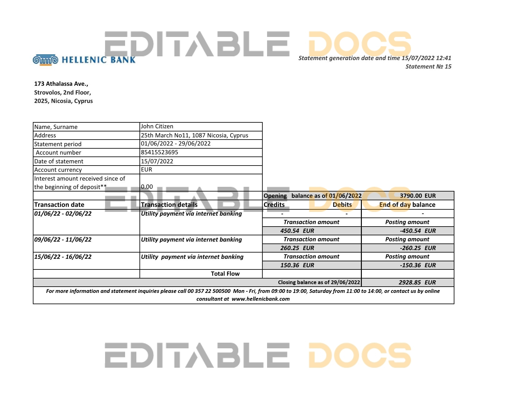 Cyprus Hellenic bank statement Excel and PDF template