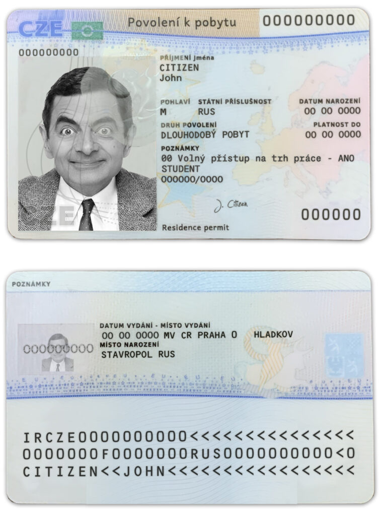 Czech permanent resident card template in PSD format, fully editable (scan + photo look PSD files)