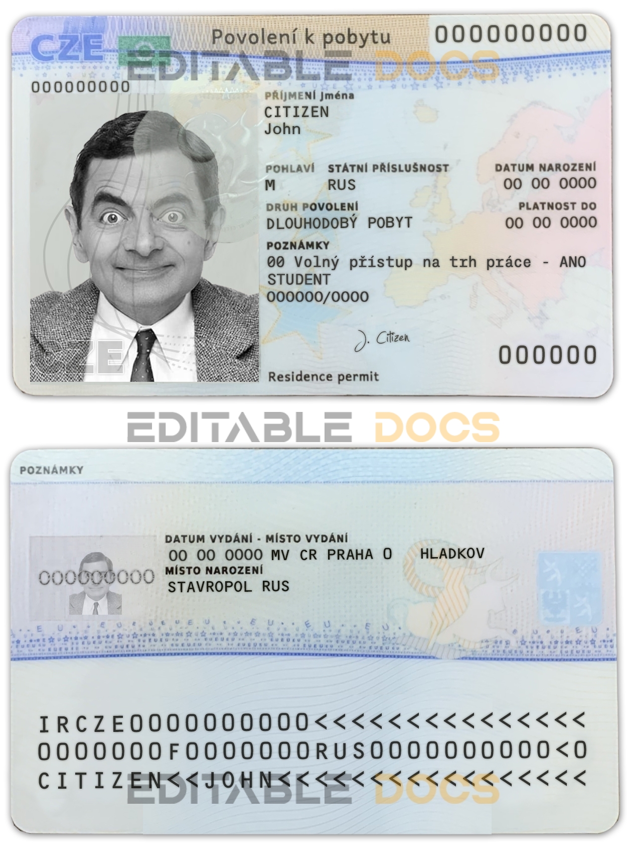 Czech permanent residence card template in PSD format, fully editable (scan + photo look PSD files)