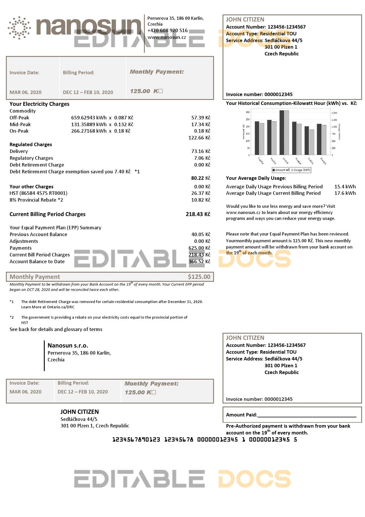 Czech Republic Nanosun s.r.o utility bill template in Word and PDF format