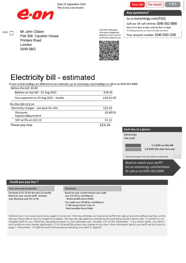 United Kingdom E.ON electricity utility bill template in Word and PDF format, 2 pages, version 1