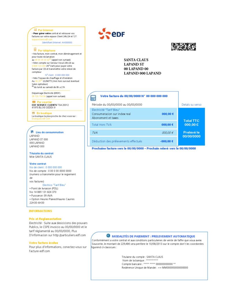 France electricity EDF utility bill template Word and PDF format, good for address prove