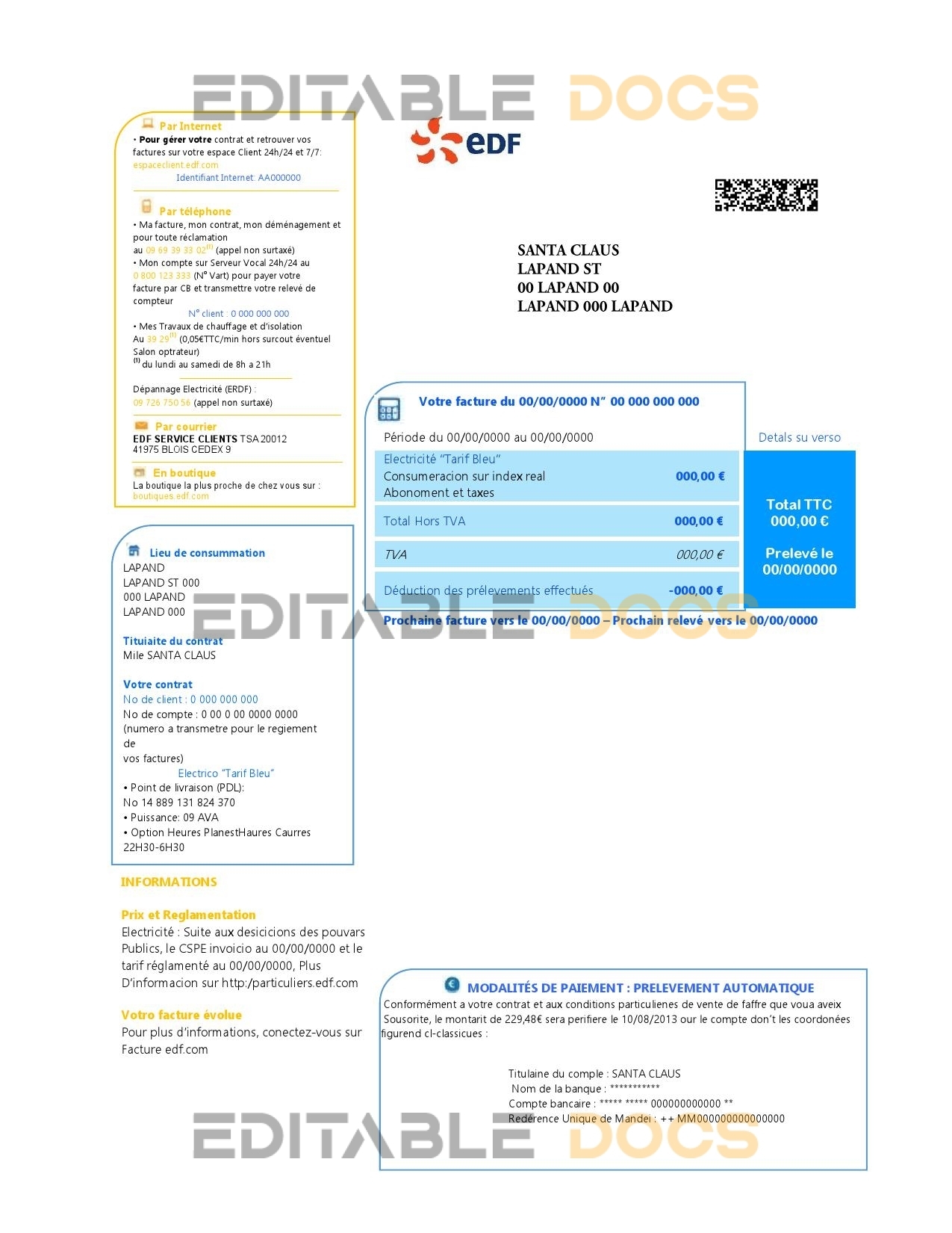 France electricity EDF utility bill template Word and PDF format, good for address prove