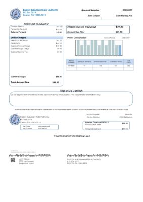 USA Eastern Suburban Water Authority utility bill template in Word and PDF format