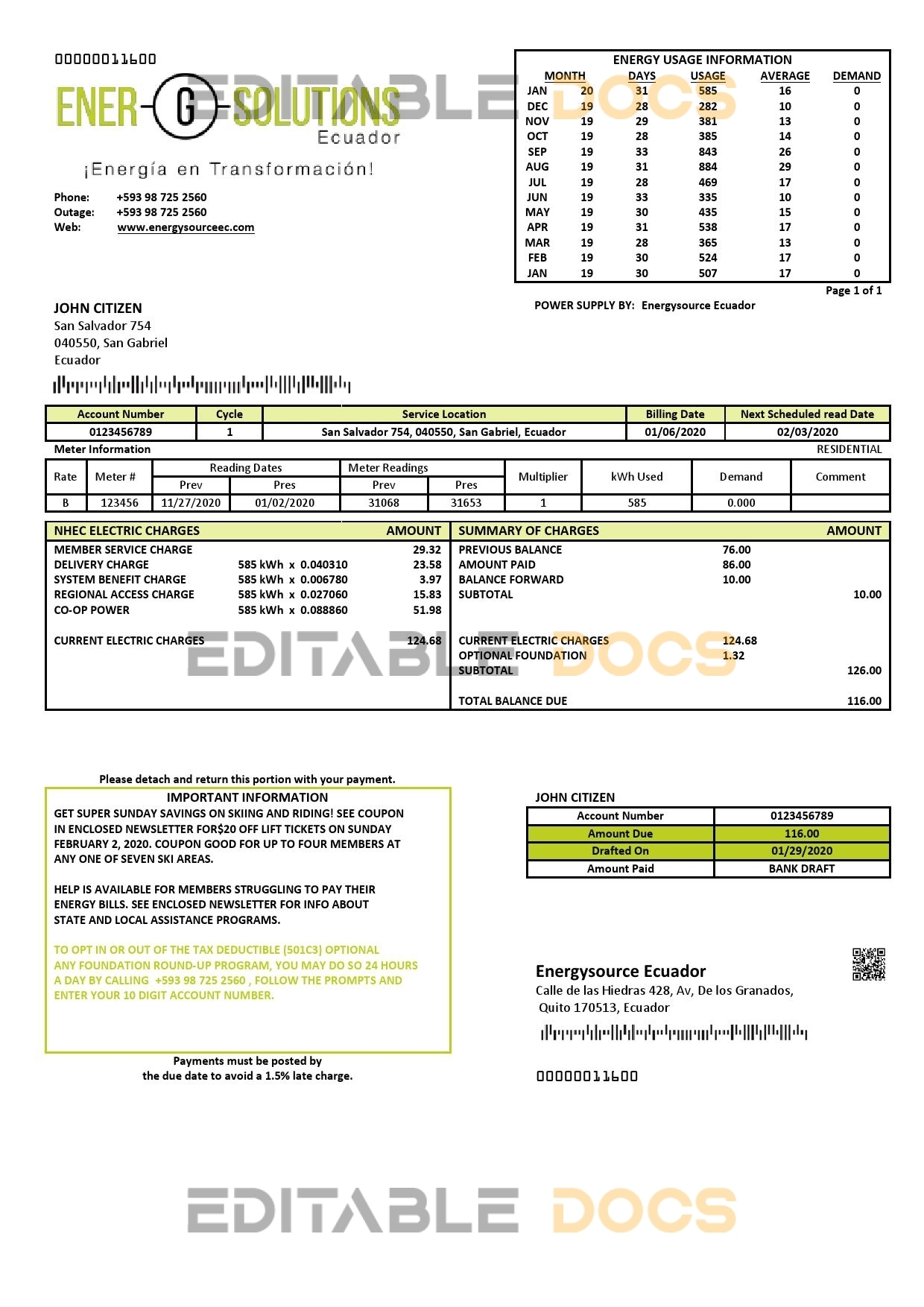 Ecuador Energysource Ecuador energy utility bill template in Word and PDF format