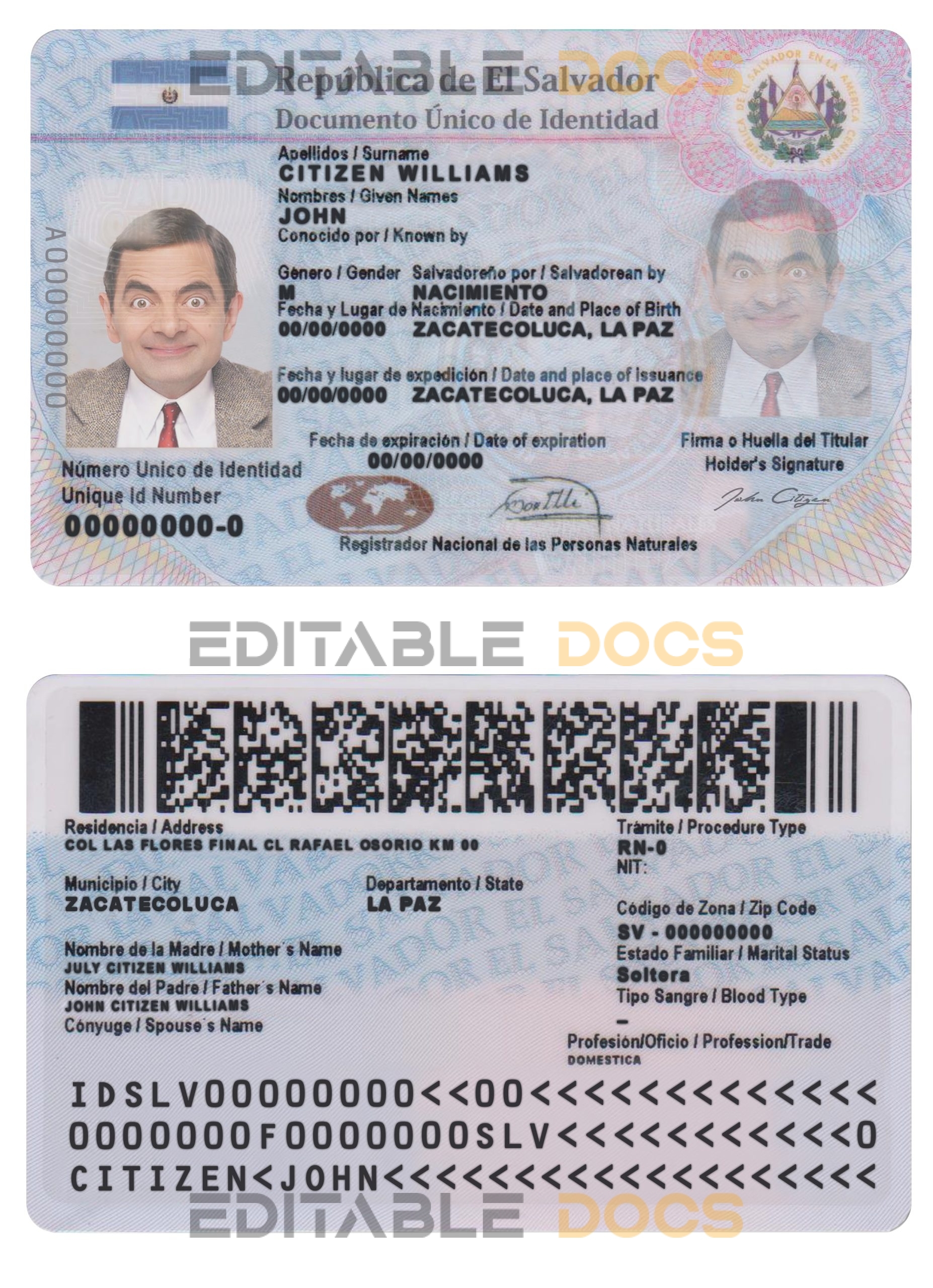 Salvador ID card, PSD template, completely editable, with fonts