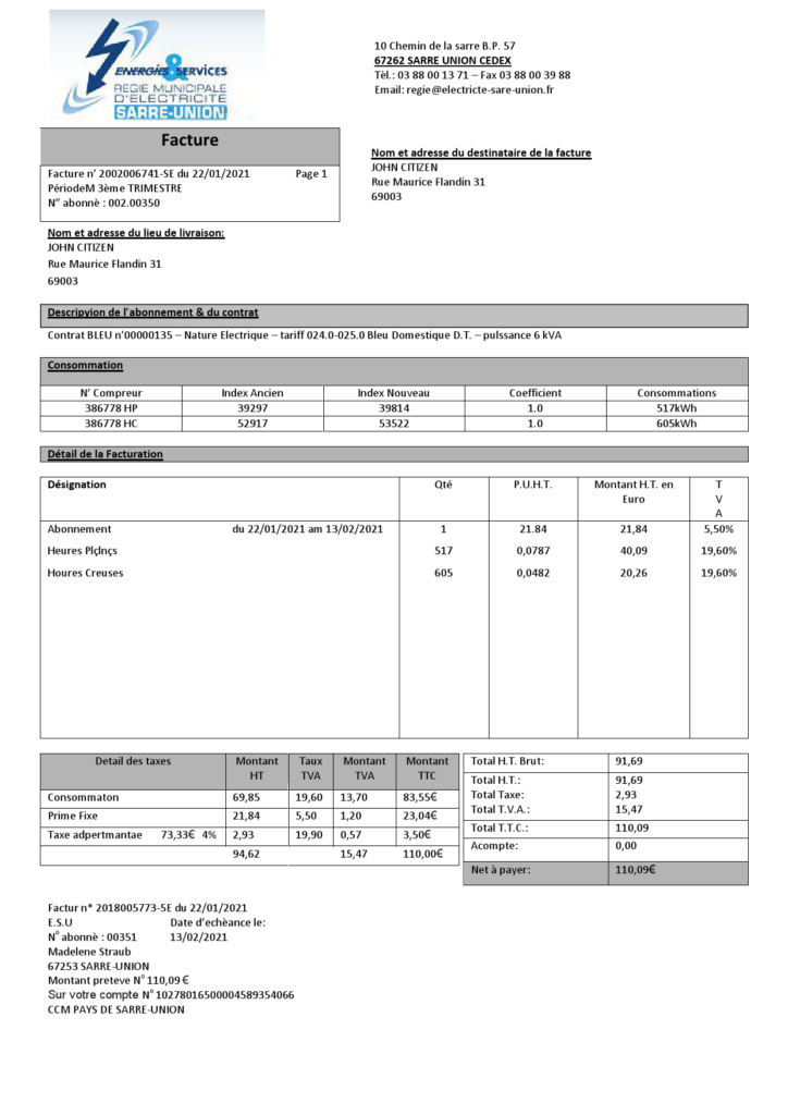 France Energies & Services Régie Municipal d’ Electricité Sarre-Union electricity utility bill template in Word and PDF format, fully editable