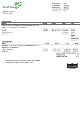 Estonia Eesti Energia electricity utility bill template in Word and PDF format