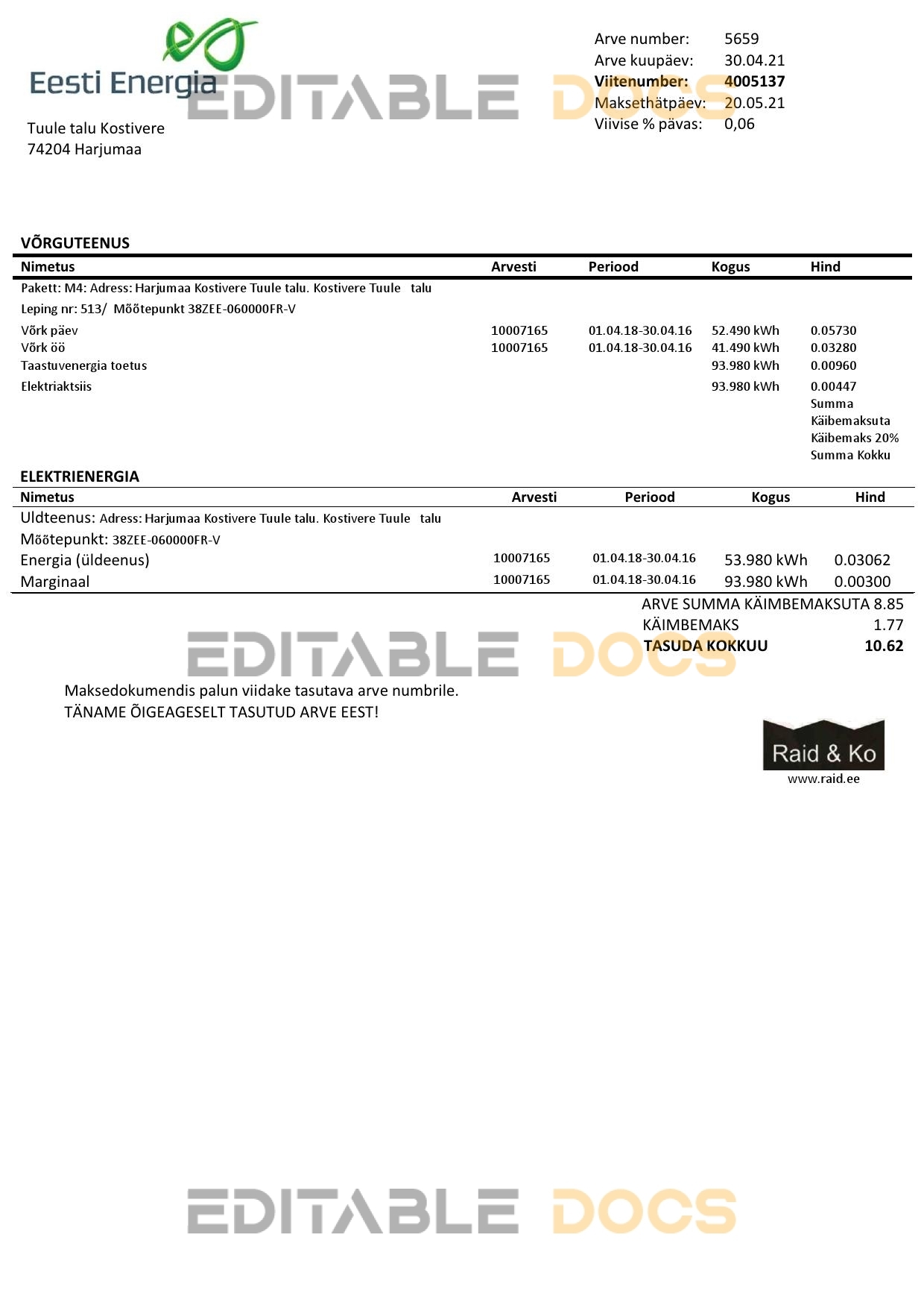 Estonia Eesti Energia electricity utility bill template in Word and PDF format