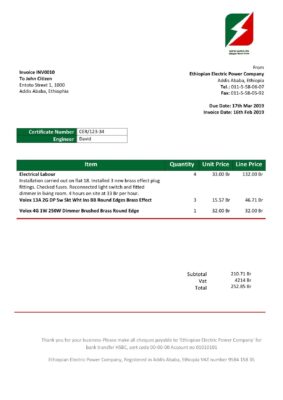 Ethiopia Ethiopian Electric Power Company electricity utility bill template in Word and PDF format