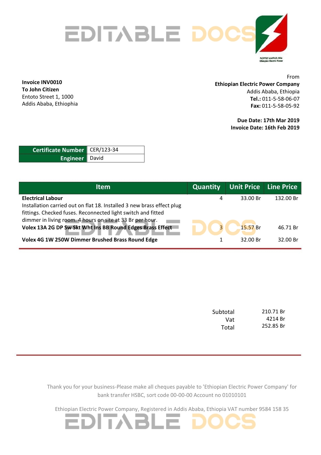 Ethiopia Ethiopian Electric Power Company electricity utility bill template in Word and PDF format