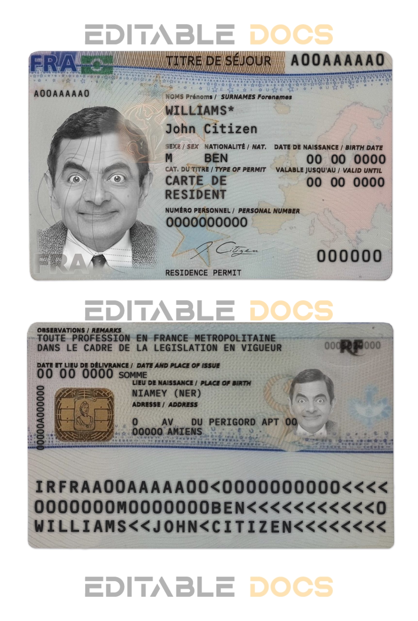 France residence permit (titre de séjour) template in PSD format, fully editable, with all fonts (2019 – present)