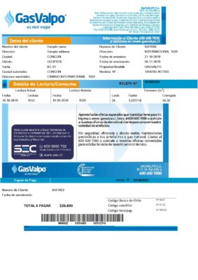 Chile GasValpo utility bill template, fully editable in Word and PDF format