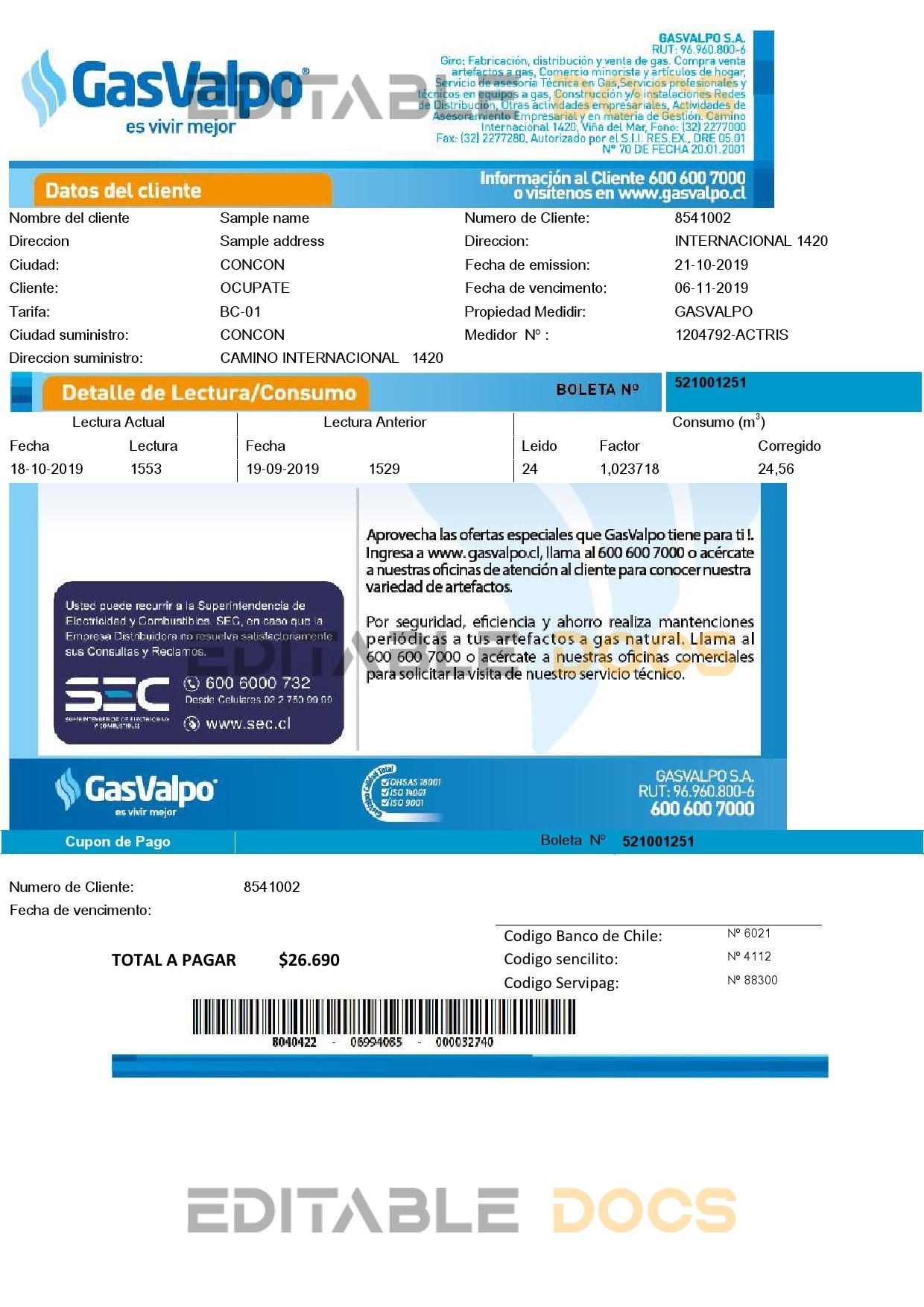 Chile GasValpo utility bill template, fully editable in Word and PDF format