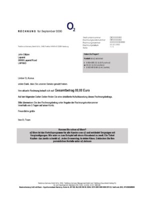 Germany RECHNUNG O2 utility bill template in Word and PDF format