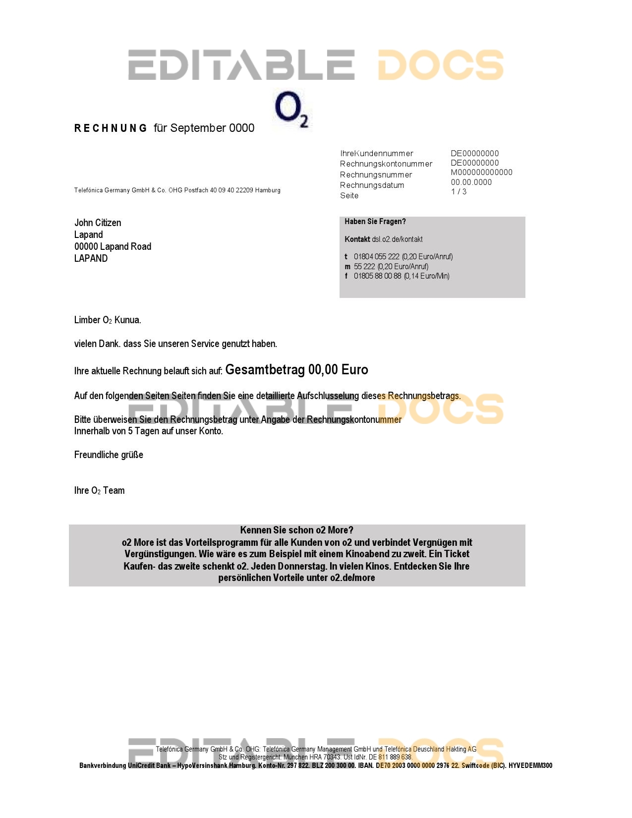 Germany RECHNUNG O2 utility bill template in Word and PDF format