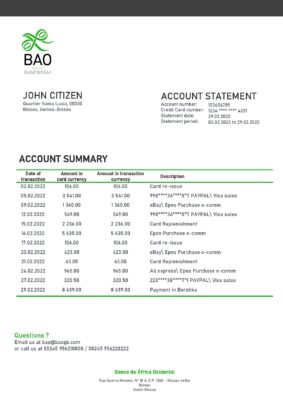 Guinea-Bissau Banco da Africa Ocidental proof of address bank statement template in Word and PDF format