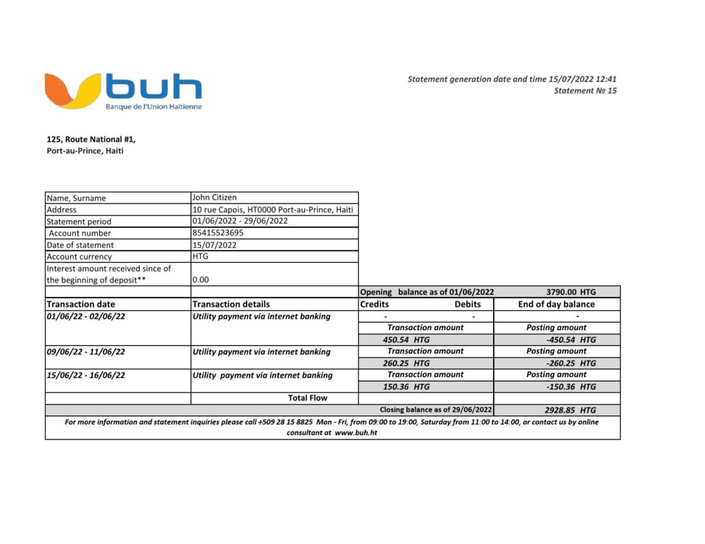 Haiti BUH bank statement Excel and PDF template