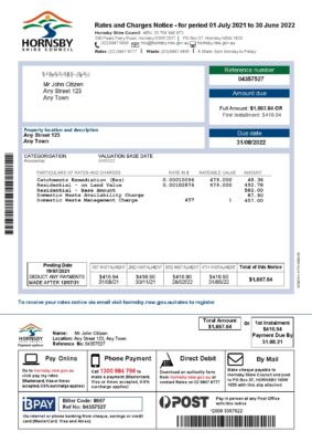 Australia NSW Hornsby Shire Council utility bill, Word and PDF template, 2 pages