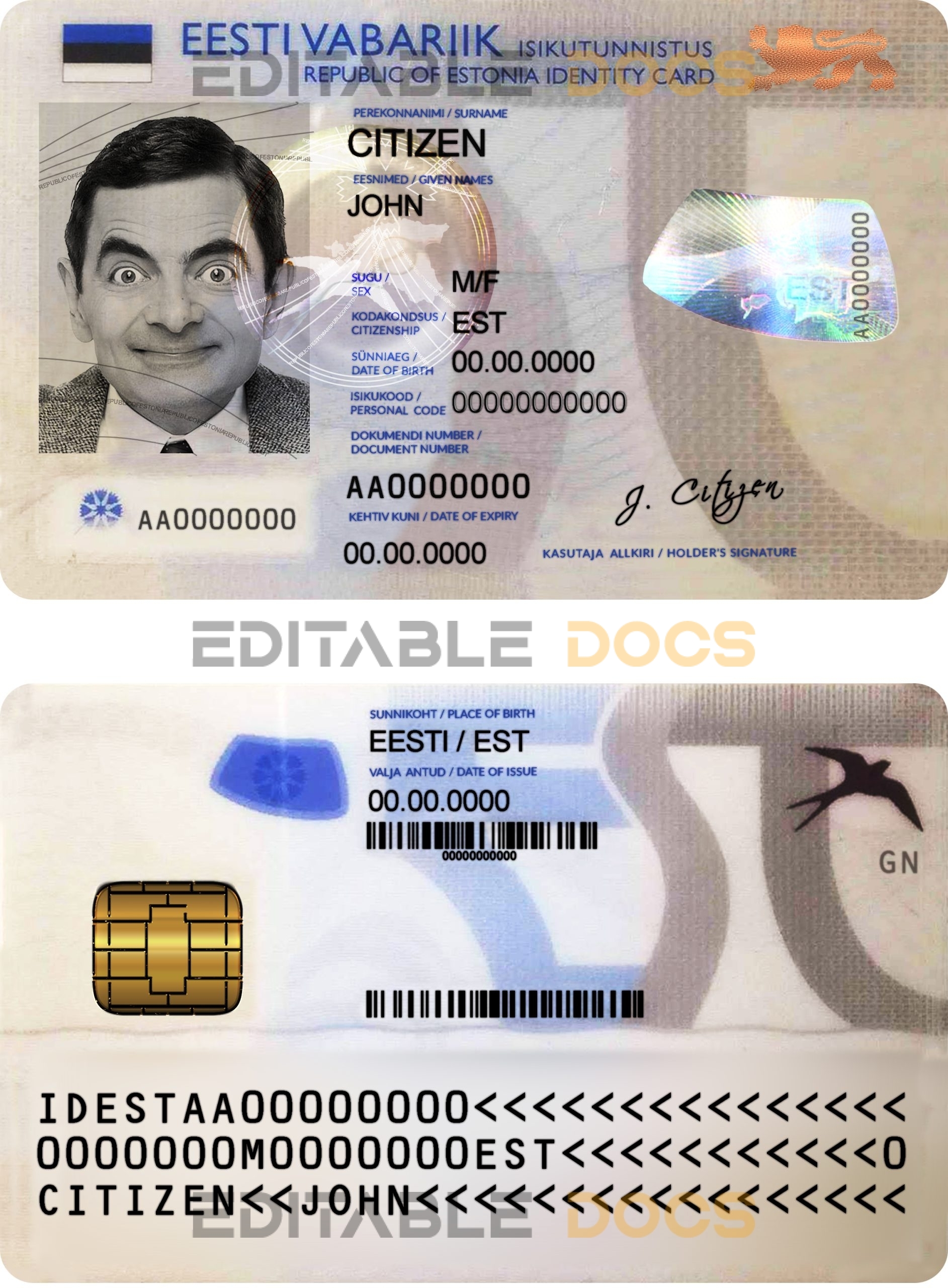 Estonia ID template in PSD format