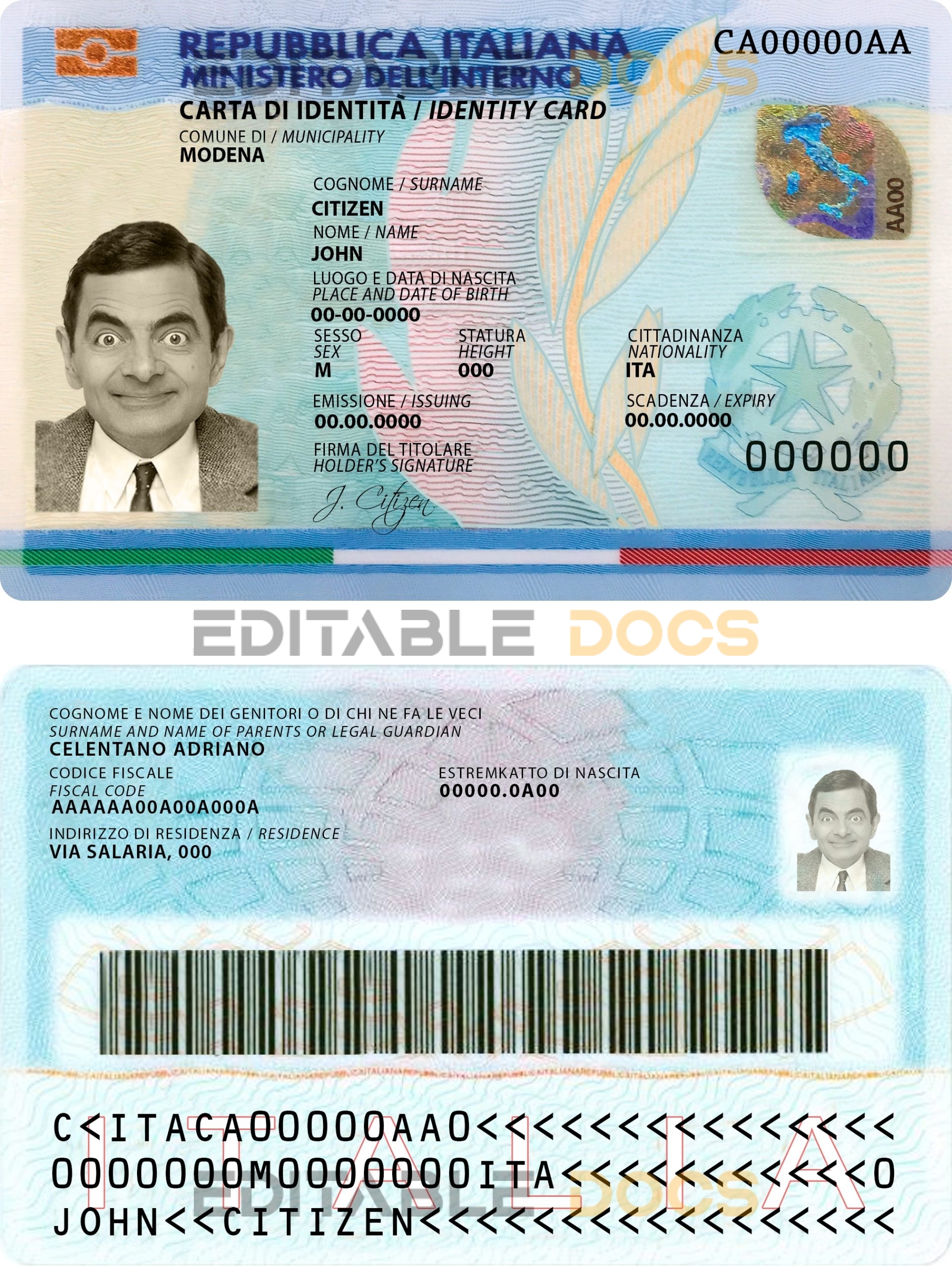 Italy ID template in PSD format, fully editable, with all fonts (2016 – present)