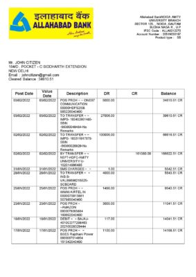 India Editable Docs 4 India Allahabad Bank statement, Word and PDF template, 2 pages