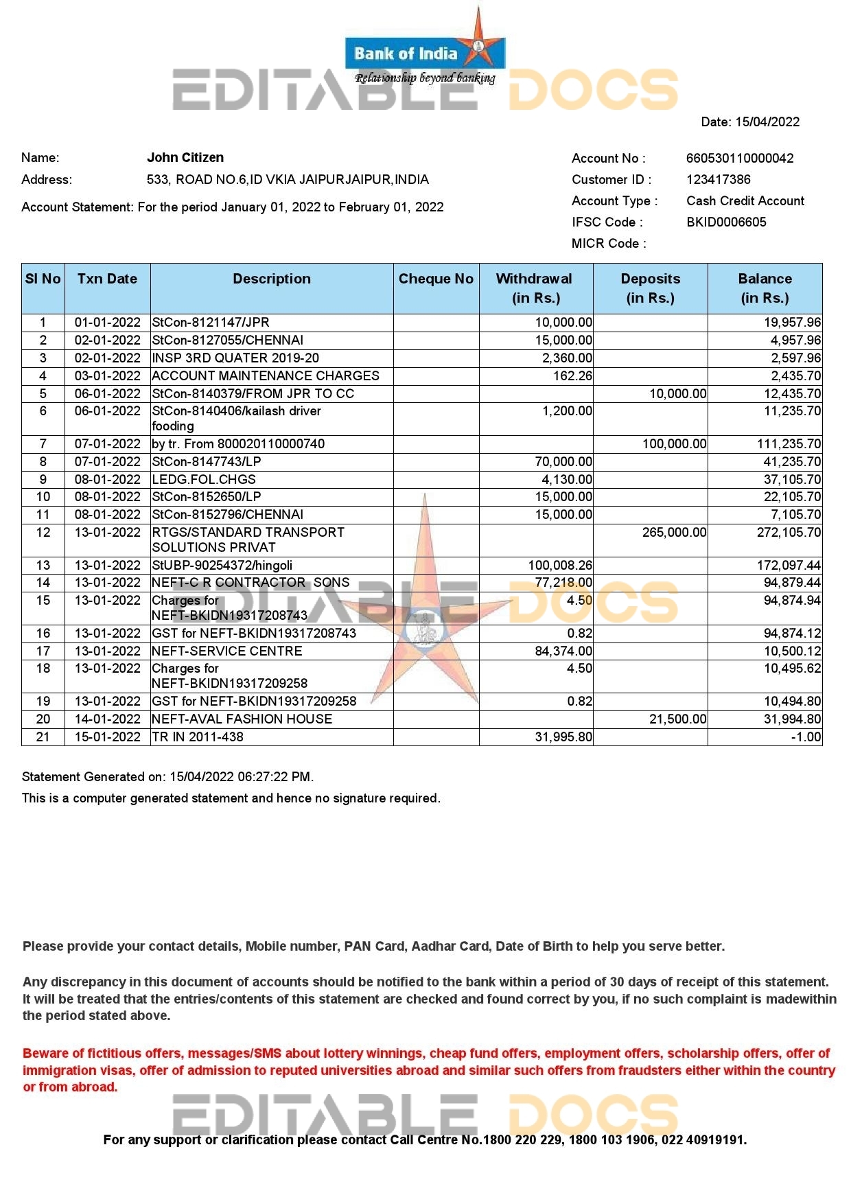 India Bank of India bank statement Word and PDF template