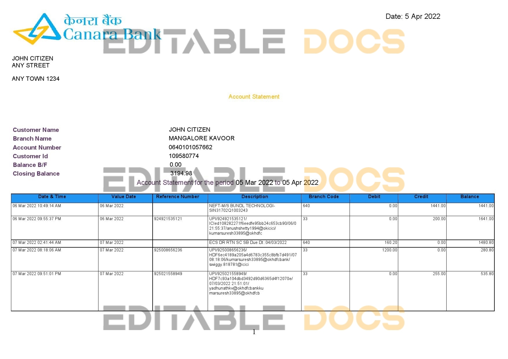 India Canara bank statement, Word and PDF template, 5 pages