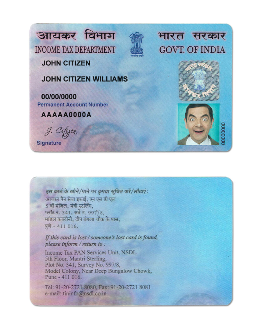 India e-PAN card template in PSD format (Income Tax Department), fully editable, with all fonts