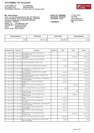 India Editable Docs 13 India IDFC First bank statement Word and PDF template, 2 pages 1