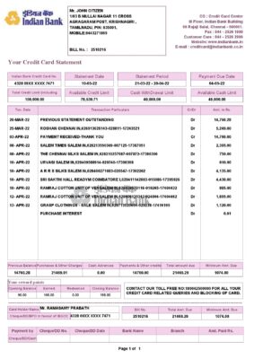 India Indian bank credit card statement, Word and PDF template, 2 pages 1