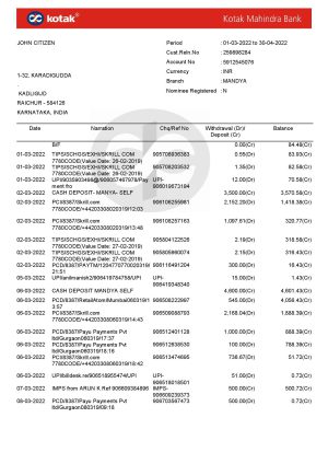 India Editable Docs 11 India Kotak Mahindra bank statement Word and PDF template 7 pages 1