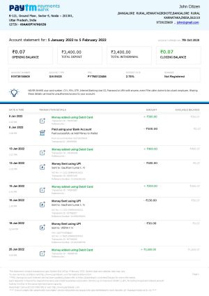 India Paytm Payments bank statement Word and PDF template, 2 pages 1