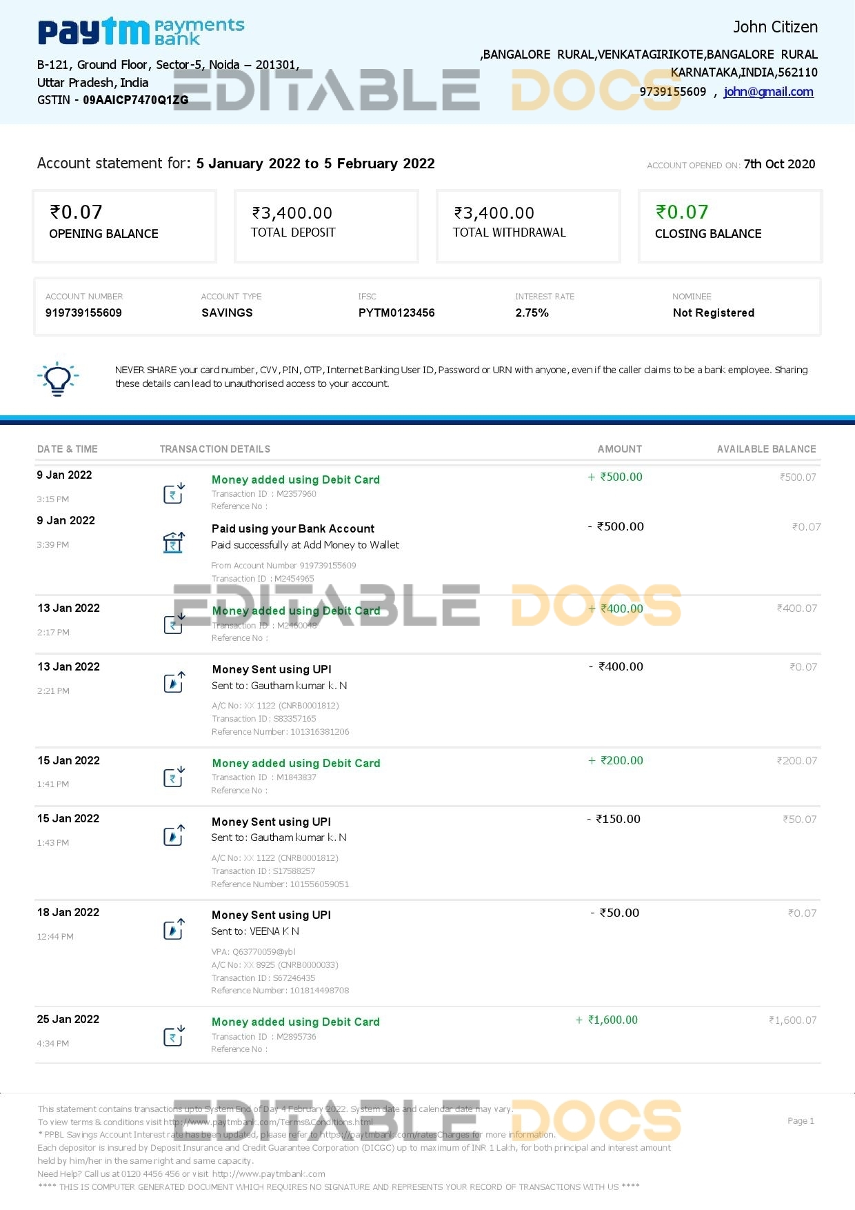 India Paytm Payments bank statement Word and PDF template, 2 pages