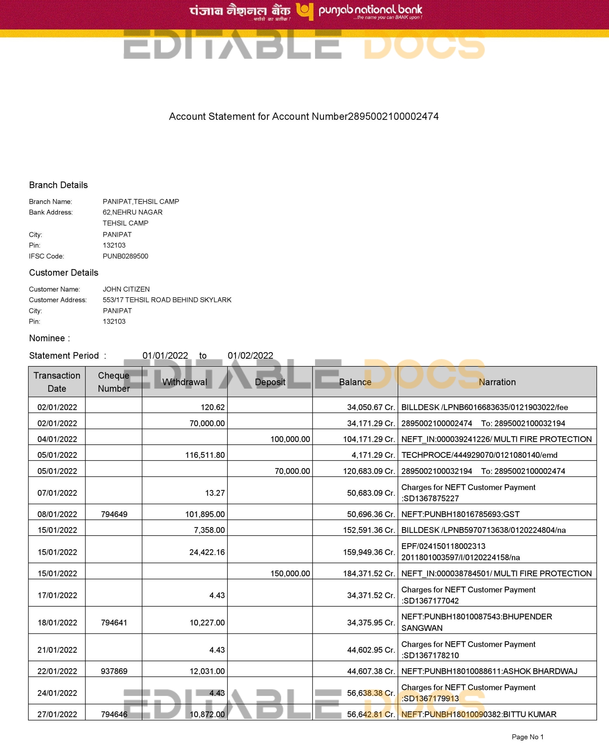 India Punjab National Bank statement Word and PDF template, 2 pages, version 2