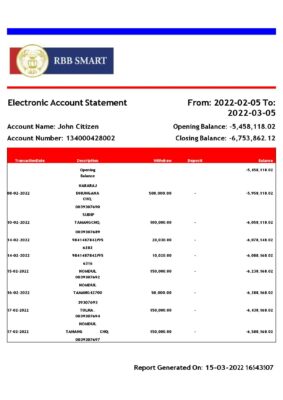 India RBB Smart bank statement Word and PDF template 2 pages 1