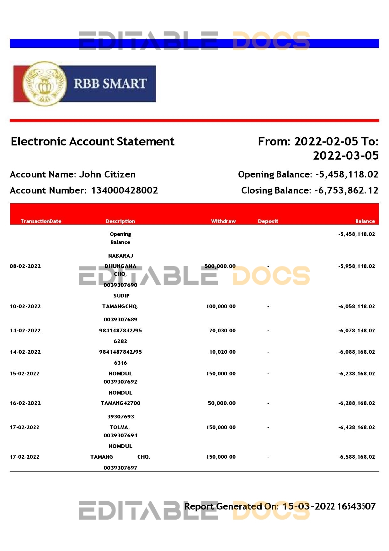 India RBB Smart bank statement, Word and PDF template, 2 pages