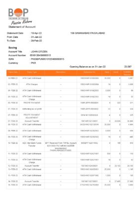 India The Bank of Punjab (BOP) account statement Word and PDF template, 3 pages 1