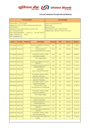 India Editable Docs 14 India Union Bank of India bank statement Word and PDF template, 2 pages 1