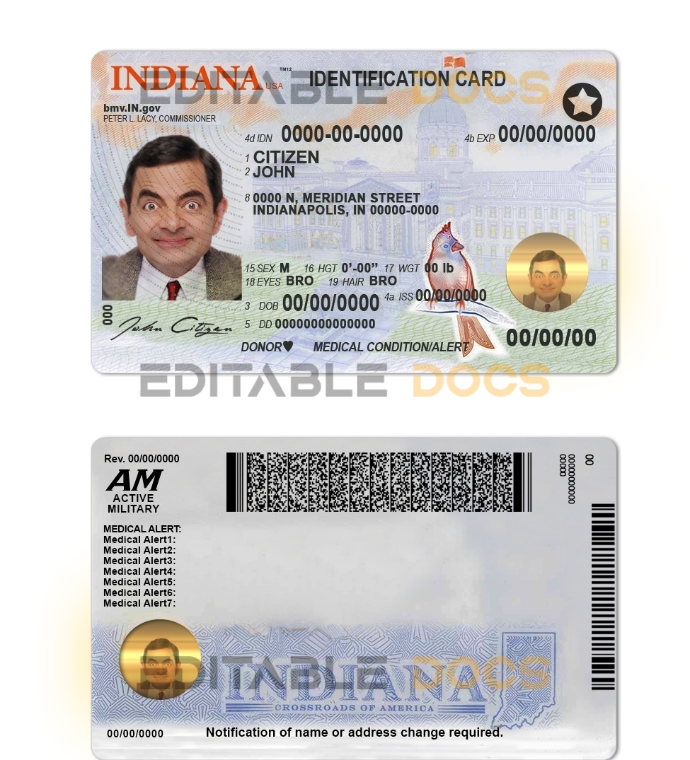 USA Indiana state ID template in PSD format, fully editable