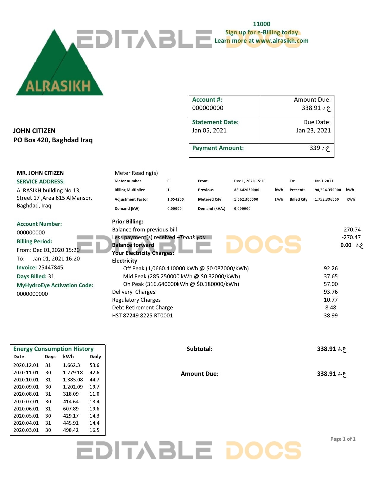 Iraq AlRasikh electricity utility bill template in Word and PDF format