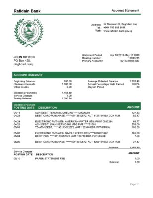 Iraq Rafidain bank statement easy to fill template in Word and PDF format