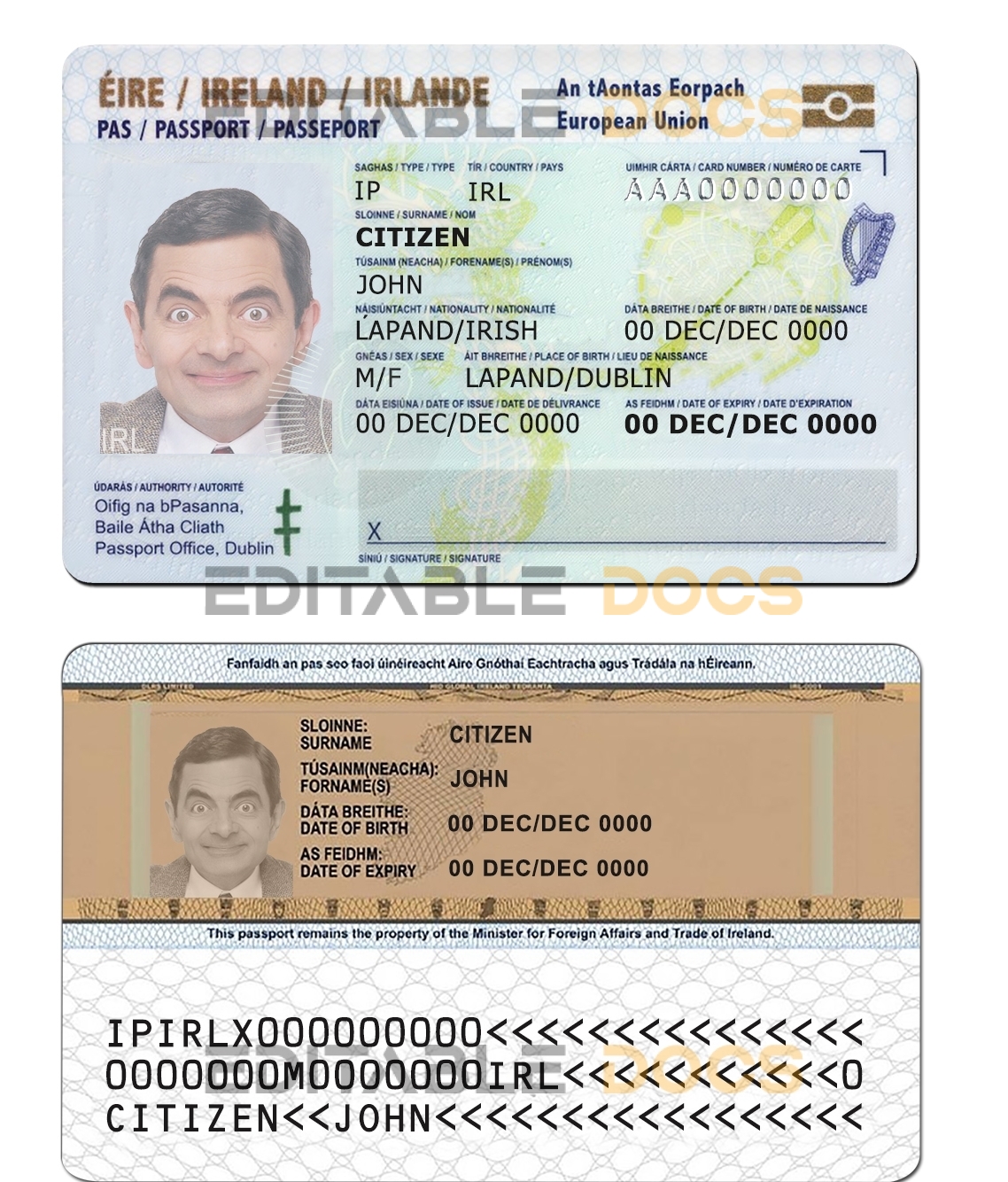 Ireland ID template in PSD format, fully editable, with all fonts