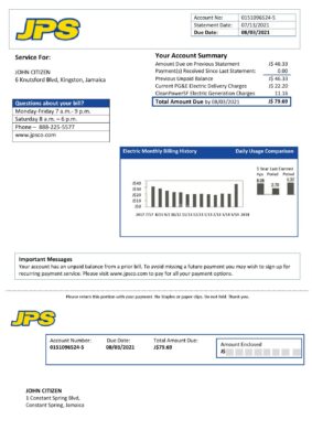 Jamaica Public Service (JPS) electricity utility bill template in Word and PDF format