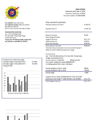 Laos Electricite du Laos electricity utility bill template in Word and PDF format