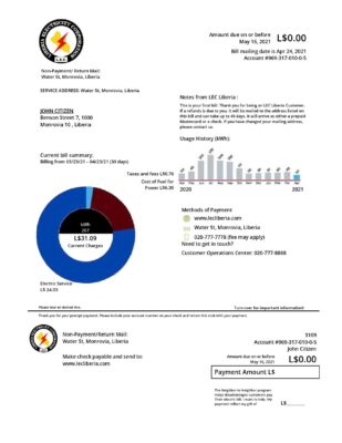 Liberia Electricity Corporation utility bill template in Word and PDF format
