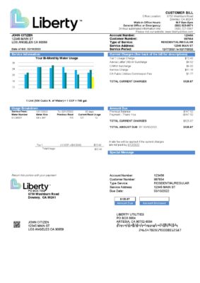 USA California Liberty Utilities utility bill template in Word and PDF format