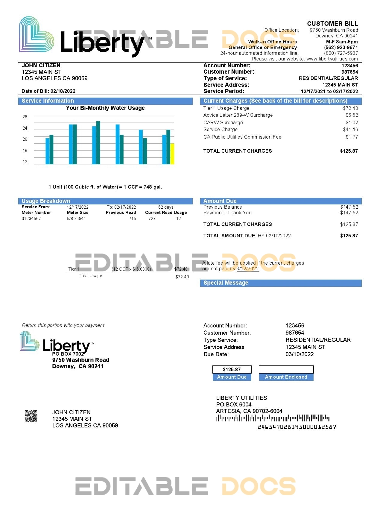 USA California Liberty Utilities utility bill template in Word and PDF format